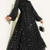 Balloon Sleeve Sequin Floral Evening Dress Black wholesale dress - Hicabistan Turkey factory