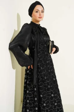 Balloon Sleeve Sequin Floral Evening Dress Black wholesale dress view 2 - Hicabistan Turkey factory