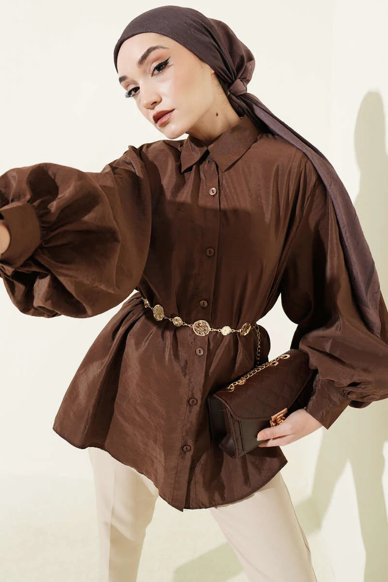 Balloon Sleeve Loose Fit Parachute Shirt Brown Großhandel shirt - Hicabistan Türkei Fabrik