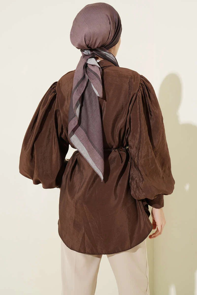 Balloon Sleeve Loose Fit Parachute Shirt Brown Großhandel shirt view 3 - Hicabistan Türkei Fabrik