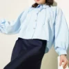 Balloon Sleeve Stone Button Short Shirt Baby Blue