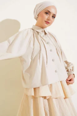 Alternative view of Balloon Sleeve Stone Button Short Shirt Beige
