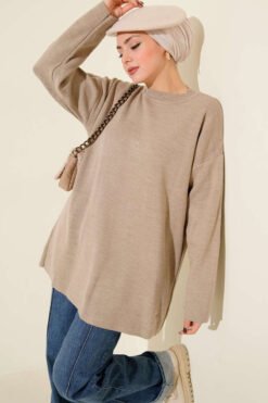 Basic Crew Neck Plain Knit Tunic Mink