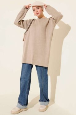 Vue alternative de Basic Crew Neck Plain Knit Tunic Mink