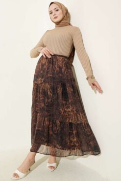Layered Chiffon Skirt with Batik Pattern Mustard groothandel skirt view 2 - Hicabistan Turkije fabriek