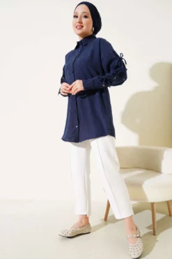 Alternative view of Shirt with Batik Pattern and Sleeve Bow Navy Blue