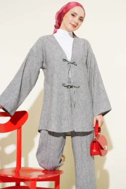 Alternative view of Batik Pattern Front Tie Two-Piece Set Grey