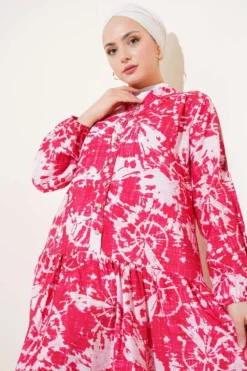 Batik Pattern Half Button Dress en gros dress view 2 - Hicabistan usine Turquie