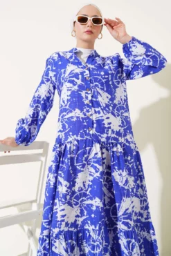Batik Pattern Half Button Dress en gros dress view 2 - Hicabistan usine Turquie