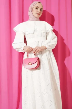 Baby Collar Embroidered Detail Dress White all'ingrosso dress view 2 - Hicabistan fabbrica Turchia