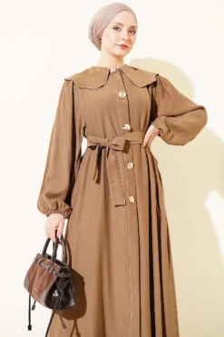 Dress with Baby Collar and Stitch Details Mink all'ingrosso dress view 2 - Hicabistan fabbrica Turchia