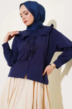 Collar Detail Ribbon Shirt Navy Blue