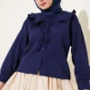Collar Detail Ribbon Shirt Navy Blue al por mayor shirt view 2 - Hicabistan fábrica Turquía