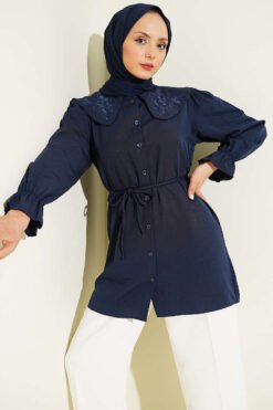 Baby Collar Embroidered Tie Shirt Navy Blue