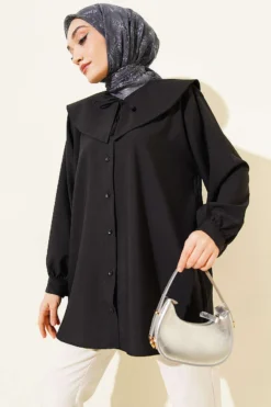 Shirt with Baby Collar and Drawstring Black en gros shirt - Hicabistan usine Turquie