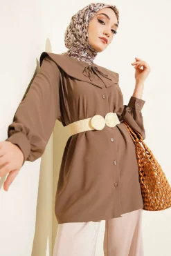 Shirt with Baby Collar and Drawstring Mink en gros shirt - Hicabistan usine Turquie