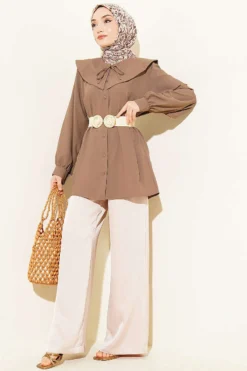 Shirt with Baby Collar and Drawstring Mink en gros shirt view 2 - Hicabistan usine Turquie