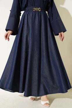 Belt Accessorized Denim Flared Skirt Navy Blue groothandel skirt - Hicabistan Turkije fabriek