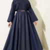 Belt Accessorized Denim Flared Skirt Navy Blue all'ingrosso skirt view 2 - Hicabistan fabbrica Turchia