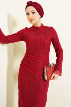 Belted Lace Tulle Evening Dress Burgundy Großhandel dress view 2 - Hicabistan Türkei Fabrik