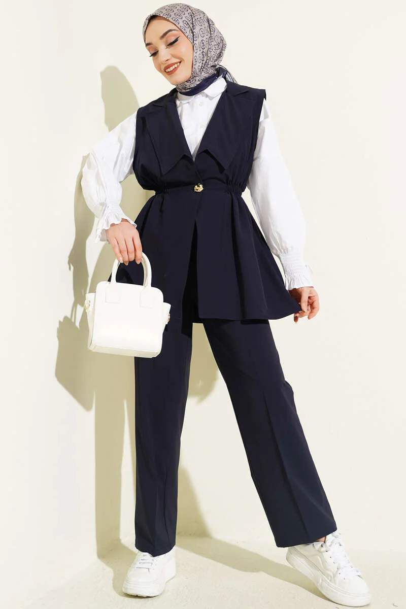Belted Vest Two-Piece Set Navy Blue