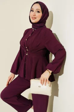 Alternative view of Belted Buckle Two-Piece Set Burgundy