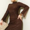 Belted Lace Tulle Evening Dress Brown