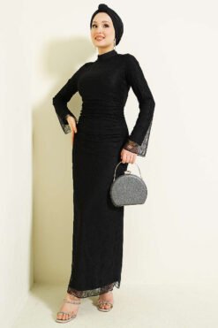 Belted Lace Tulle Evening Dress Black