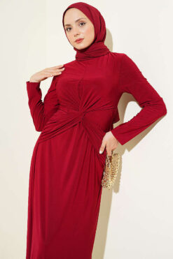 Belted Knotted Sandy Dress Burgundy Großhandel dress view 2 - Hicabistan Türkei Fabrik
