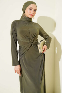 Belted Knotted Sandy Dress Khaki Großhandel dress view 2 - Hicabistan Türkei Fabrik