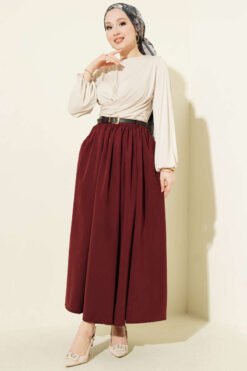 Belted Pocket Skirt Burgundy wholesale skirt view 2 - Hicabistan Turkey factory