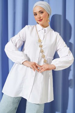 Gathered Waist Pleated Shirt White
