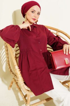 Gathered Waist Pleated Shirt Burgundy