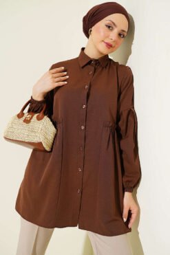 Gathered Waist Pleated Shirt Brown