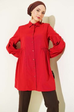 Gathered Waist Pleated Shirt Red
