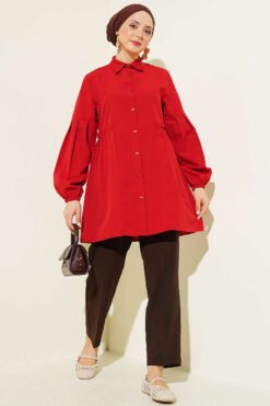 Vista alternativa de Gathered Waist Pleated Shirt Red
