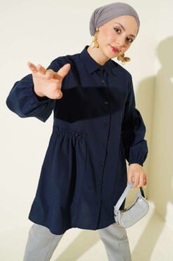 Gathered Waist Pleated Shirt Navy Blue