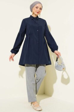 Vista alternativa de Gathered Waist Pleated Shirt Navy Blue