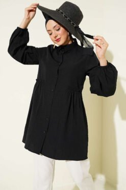 Gathered Waist Pleated Shirt Black
