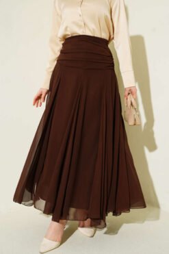 Belted Chiffon Skirt Brown wholesale skirt - Hicabistan Turkey factory