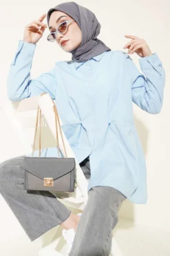 Belted Basic Shirt Baby Blue Großhandel shirt - Hicabistan Türkei Fabrik