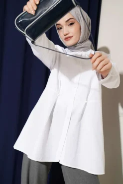 Belted Basic Shirt White Großhandel shirt - Hicabistan Türkei Fabrik