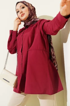 Belted Basic Shirt Burgundy Großhandel shirt - Hicabistan Türkei Fabrik