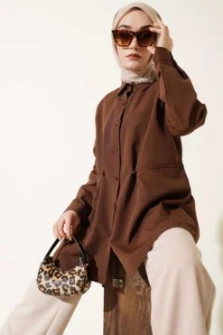 Belted Basic Shirt Brown Großhandel shirt - Hicabistan Türkei Fabrik