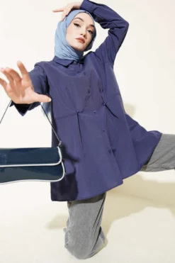 Belted Basic Shirt Navy Blue Großhandel shirt - Hicabistan Türkei Fabrik