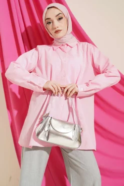Belted Basic Shirt Pink Großhandel shirt - Hicabistan Türkei Fabrik