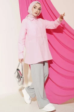 Belted Basic Shirt Pink Großhandel shirt view 2 - Hicabistan Türkei Fabrik