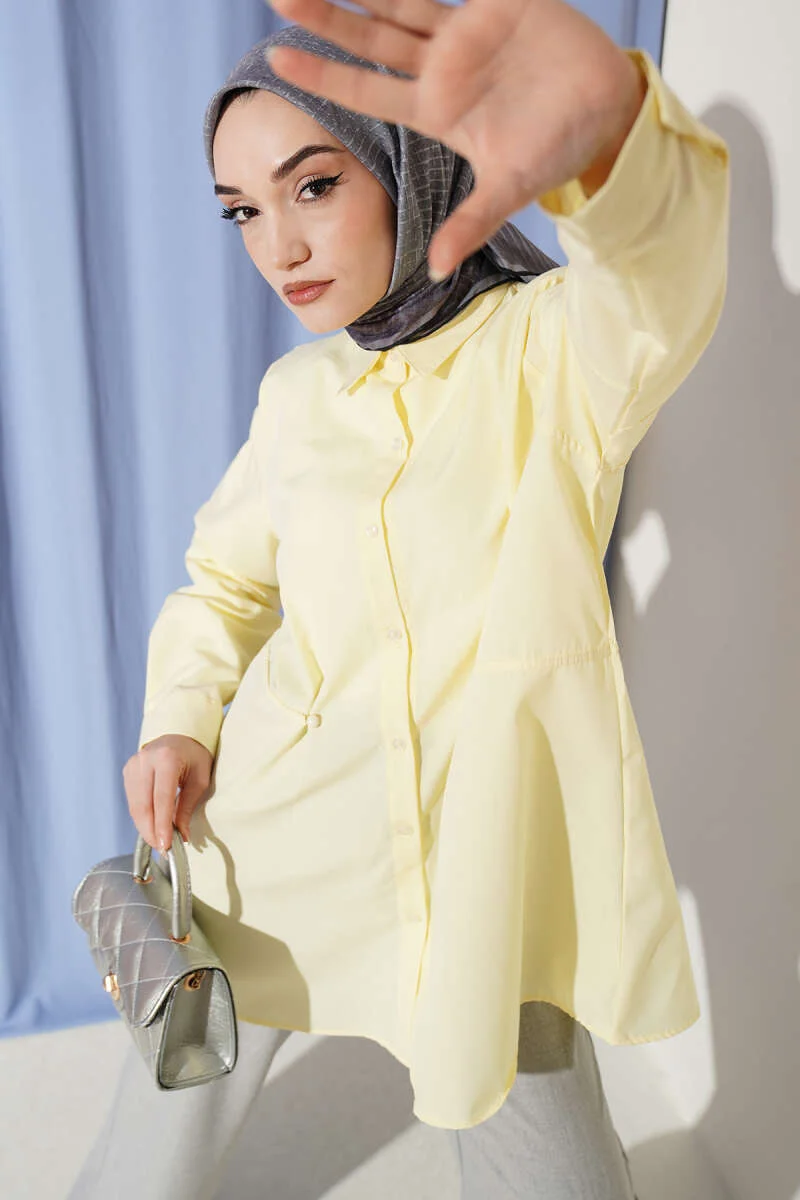 Belted Basic Shirt Yellow Großhandel shirt - Hicabistan Türkei Fabrik