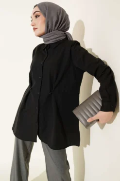 Belted Basic Shirt Black Großhandel shirt - Hicabistan Türkei Fabrik