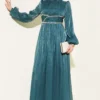 Belted Embellished Gathered Evening Dress Emerald al por mayor dress - Hicabistan fábrica Turquía